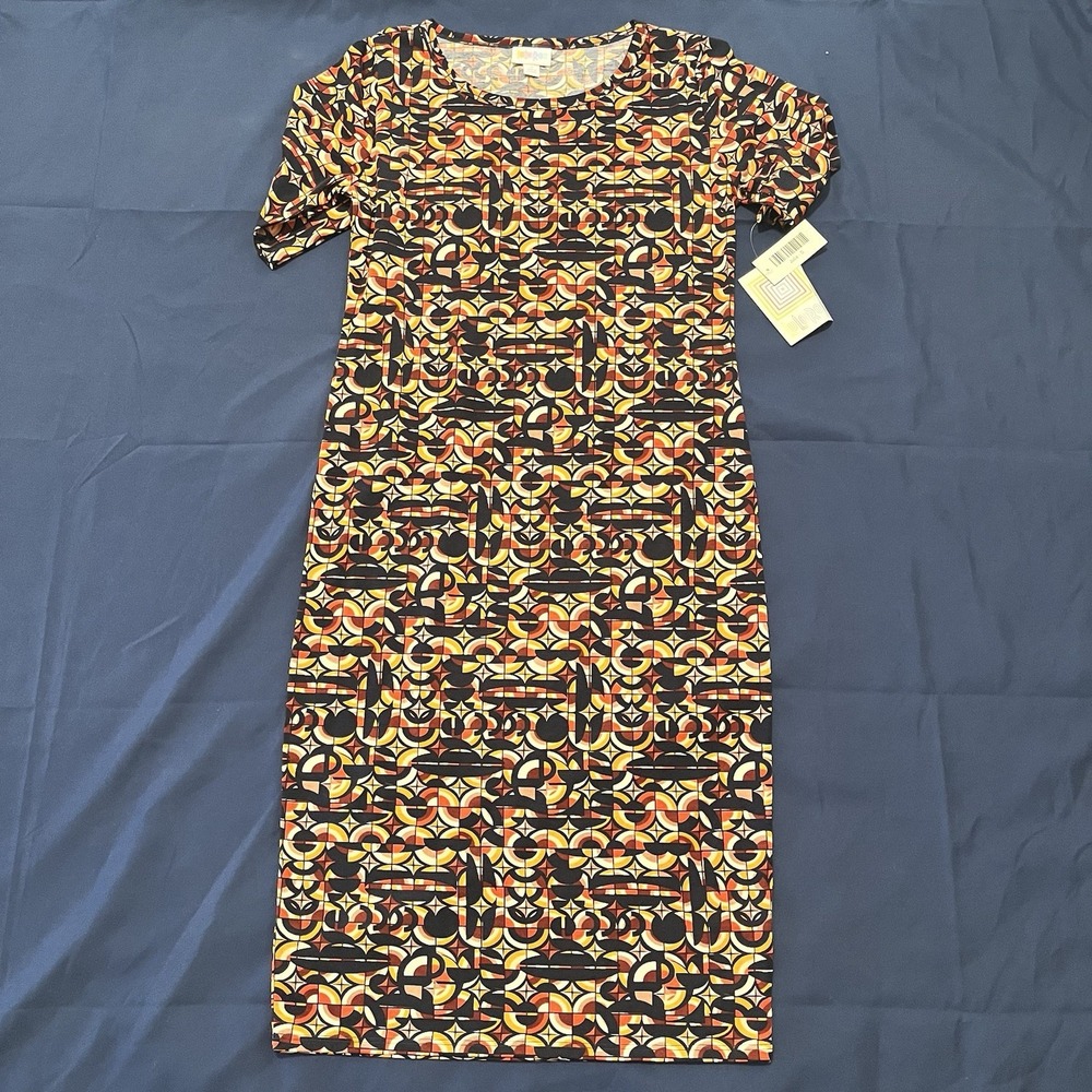 NWT Women Size S Geometric Fall Midi Dress Short Sleeve‎ Round Neck Knee Length